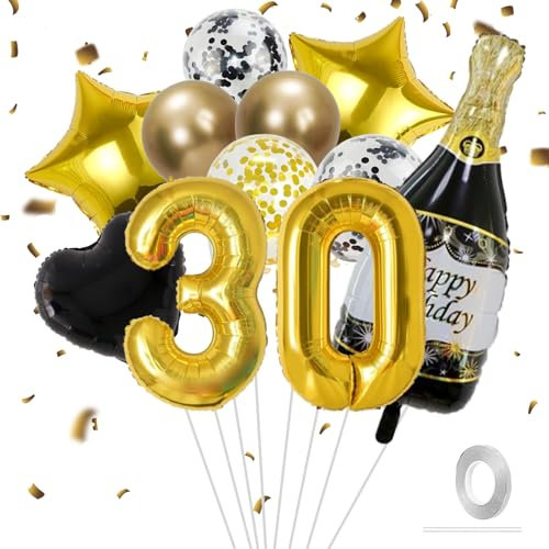 VIKY® 30. Geburtstag Deko Set für Männer und Frauen - Schwarz Gold Ballons mit Folienballon Zahl 30, Konfetti Luftballon