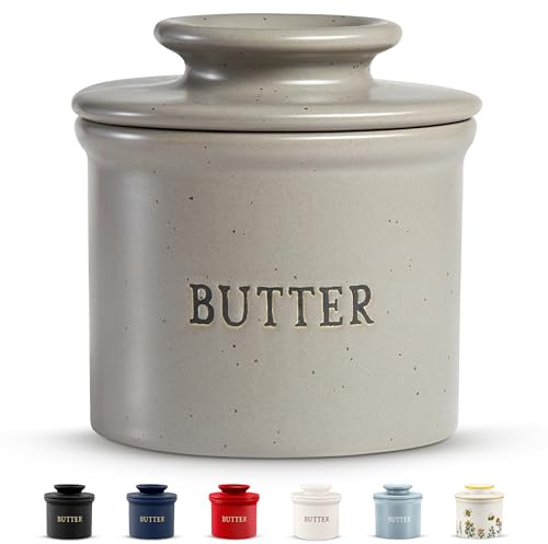 Kook Butterbehälter, französischer Keramiktopf für Theke mit Deckel, geprägter Behälter, für weiche Butter, Heim- und Küchendekoration, matt gesprenkelt grau