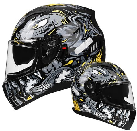 YPDOPORA Motorradhelm Street Integralhelm Leichter Motorradhelm Mit Doppelvisier DOT-Zulassung Für Männer Und Frauen Mopeds Roller,Gelb,L58~59CM