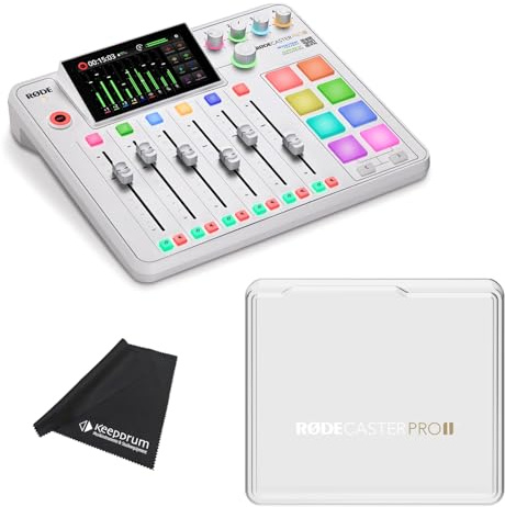 Rode Rodecaster Pro II Audio Production Studio Podcast Station Weiss mit Rodecover 2 Abdeckung und keepdrum Mikrofasertuch