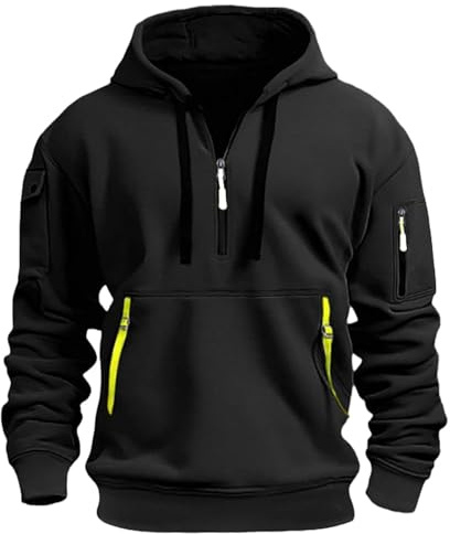 Sweat à capuche noir pour homme avec demie fermeture éclair | Grandes tailles | Pull chaud décontracté confortable | Pull de travail quotidien | Couleur unie, Noir , M