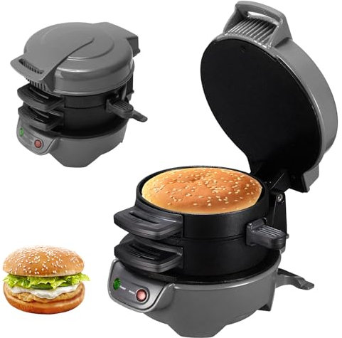 Appareils à Sandwiches, 600W Burger Maker avec revêtement antiadhésif, Grill Sandwich/Hamburger Avec Compte à Rebours Numérique, lavable au lave-vaisselle pour un petit déjeuner rapide (Gery)