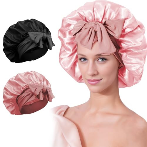 woleeup Silk Satin Hair Bonnet for Sleeping - 2PCS Silk Sleep Bonnets for Women Curly Hair, Soft Breathable Satin Bonnet with Tie Band Hair Wrap Cap for Sleeping (Set E)