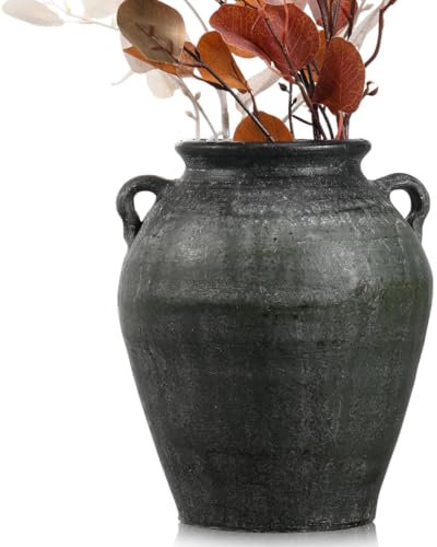 Mimorou Große Terrakotta-Vase mit 2 Griffen, 27,9 cm hoch, Schwarz, Oblong, Rustikale Vintage-Vase, Dekorative Keramik-Blumenvase für Zuhause