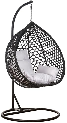 RAMROXX Luxus Hängesessel Style XXL Rattan Korb Gestell Schwarz mit Relaxkissen Weiss