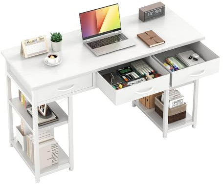 MUTUN Computertisch mit 3 Schubladen & 2 Ablagefächern, 43 Zoll Home Office Schreibtisch Studiertisch, Weiß Kleiner Schreibtisch mit Stauraum für Schlafzimmer, Whiting Desk, Weiß