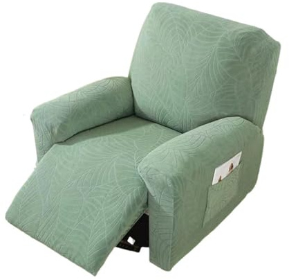 Hearda Sesselschoner für Relaxsessel, Blätter-Jacquard Stretch Sesselschoner, Plüsch 4-Teilig Relaxsessel Bezüge, rutschfest Recliner Cover, Waschbar Sesselbezug mit Taschen (Grün)