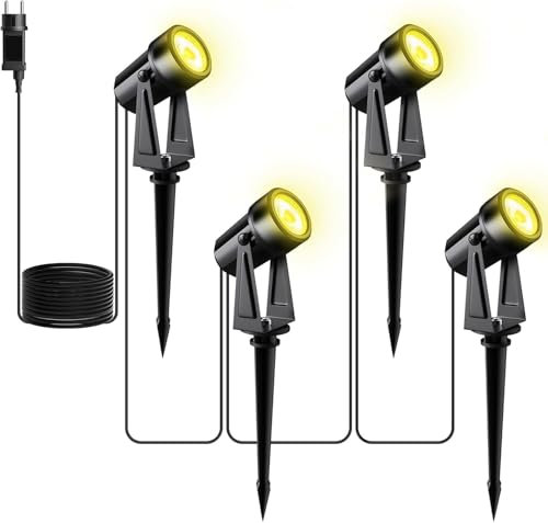 Yuusei Garden Lights Mains Powered, 4 in 1 Pack 14M Extendable Outdoor Spotlight, 3000K Warm White 27V LED Driveway Lights, IP65 Waterproof for Pathway, Fence, Pond, Yards