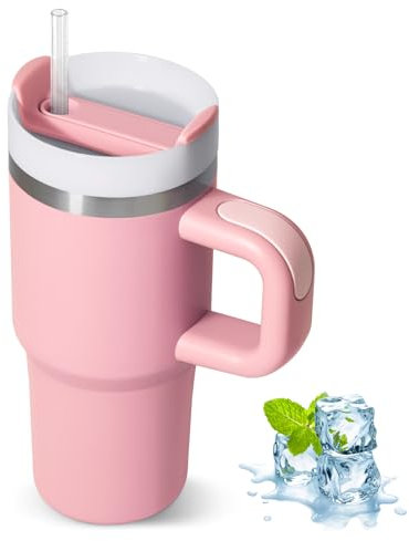 ZAKVOP Taza Termo cafe para Llevar, Taza Termica 410ml con Tapa y Pajitas, Vaso Termico con Asa, Tumbler para Frío y Caliente, Travel Mug (Rosa)
