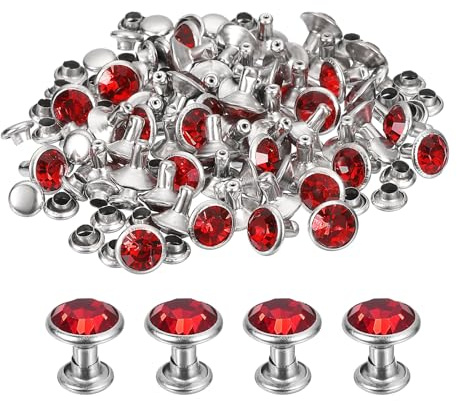 QUARKZMAN 60 Set Rivetti Cavi Strass, 8mm Piedini per Borse Cristallo Stud Borchie Rapido a Doppio Tappo per Artigianato Pelle Fai Da Te Tessuto Abbigliamento Cinture Borse, Rosso
