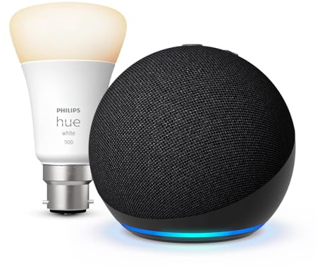 Echo Dot (Newest gen), Charcoal +Philips Hue White Smart Light Bulb LED (B22), with Alexa+ Early Access
