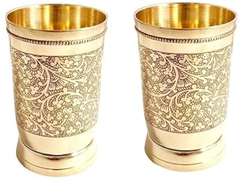 Handicrafts Pure Brass Etching Design Tumbler For Drinking & Serving Water, Juice, Home Decor - Pack Of 2 Brass Glass (250 ML Approx. Each Glass)