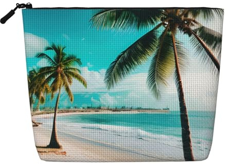 Longzehao Large Capacity Beach Palm Print Faux Hemp Makeup Bag Travel Toiletry Bag with Zipper Black One Size Black White One Size, Black / White, One Size