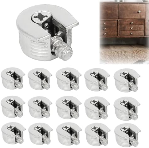 16 Stück Regalstifte, halbrund, silberfarbenes Metall, 3-in-1-Halterungsbolzen mit Schrauben für Holzmöbel, Schrank, Küche, Kleiderschrank