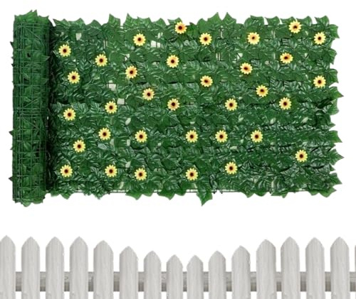 Künstlicher Efeu-Sichtschutzzaun, 1 x künstliche Sichtschutzpflanze, Heckenzaun – Grünpflanzen-Grasplatten mit 96 Sonnenblumen, Gartendekoration für Wand, Wohnung,