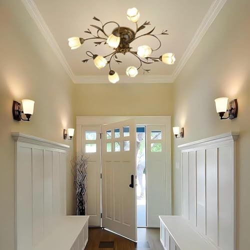 VTAMng Deckenlampe Retro Blumenform Deckenleuchte Landhausstil Deckenleuchte Altbronze mit Milchglaslampenschirm Antiker Sputnik-Kronleuchter geeignet für Küche Schlafzimmer Wohnzimmer(8 Lights)