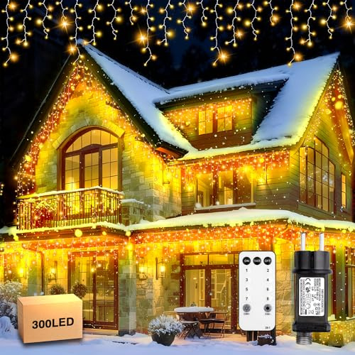 Xahpower Luci di Natale da Esterno Cascata, 300 LED 8M Luci di Natale da Esterno con Telecomando, 8 Modalità, Tenda Luminosa per Balcone, Natale, Matrimoni, Feste - Bianco Caldo