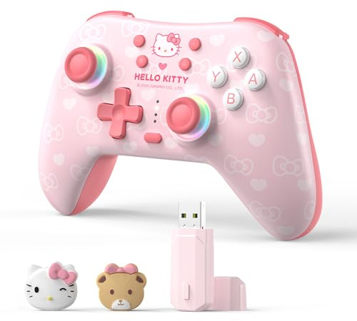 Kuitmor Wireless PC Controller mit RGB, Hall Effekt Joysticks, 1000 Hz Abfragerate, Turbo, Remappable Buttons, Kompatibel mit PC/Switch/iOS/Android/Linux (Pink Hello Kitty, Mit Empfänger)