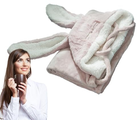 Coperta creativa con cappuccio a forma di coniglio, mantello in caldo pile, morbido e accogliente, comodo copriorecchie di animale, comodo per compleanno, sicuro da indossare per donne, bambini