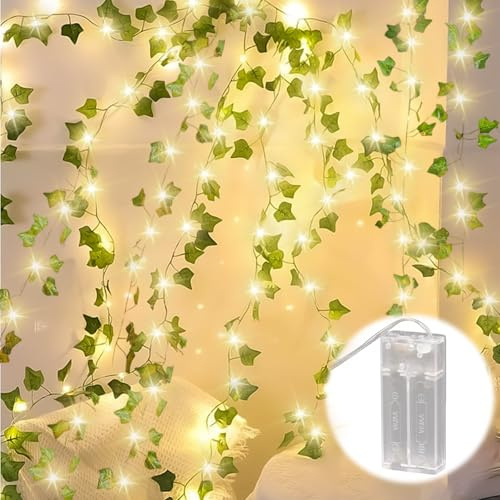 LED Lichterkette Efeu Künstlich, 20M Fake Efeu Girlande mit 200 LED-Licht, Lichterkette mit Blumengirlande Hängend Pflanzen für Innenberei,Hochzeit, Party Deko