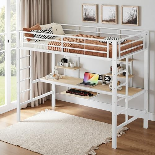Sapgaks Lit Mezzanine Enfant/ado/Adultes 90x200 avec Bureau,Support de clavieret Deux étagères de Rangement,Lit superposé Enfant,Cadre de lit Mezzanine 1 Place en Fer (A-Blanc)