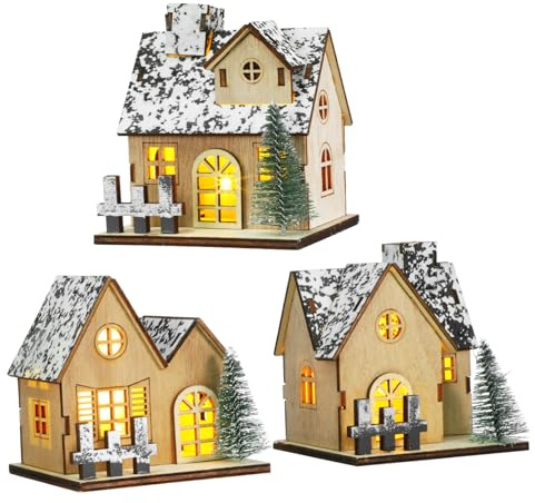 FIXOSHEE 3 Pcs Wooden Christmas Village Houses Set with LED Lights Timeless Festive Miniature Home Decor for Table Centerpieces Cozy Holiday Spirit Decoration and Unique