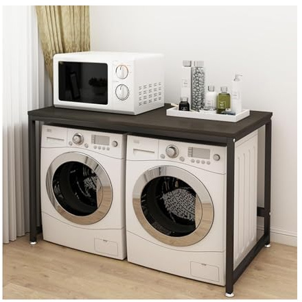 Armoire à linge de 150 cm de large, cadre en métal avec dessus en bois, marron foncé, idéal pour le rangement de la machine à laver et du sèche-linge, solution peu encombrante pour buanderie