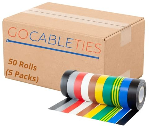 Gocableties 50 Rolls (5 Packs) Multi Pack of PVC Electrical Insulation Tape, 20m x 19mm, Premium Multi-colour Mixed