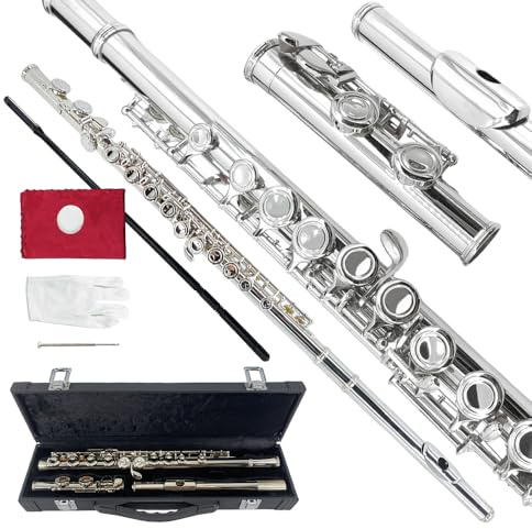 Conboxus 16 Key Flute,Beginner C Flutes Instrument Nickel-Plated Closed Hole Easy to Play with Carrying Case,Cleaning Kit,Gloves and Tuning Rod (Silver)