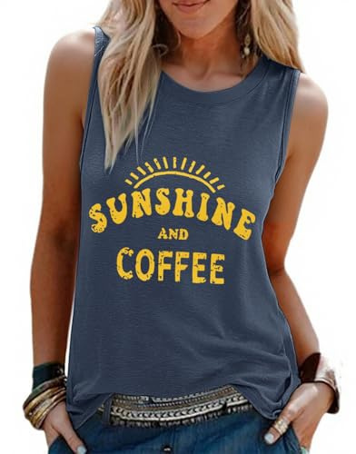 heekpek Debardeur Femme Tank Top Imprimé à Col Rond Tee Shirt Femme sans Manche Décontracté Haut Ete Chic, Bleu Marine Coffee, L