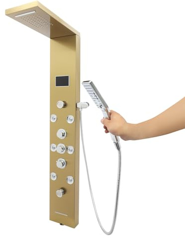 Gdetnysty 6-i-1 LED smart duschpanel med keramisk ventil massagemunstycken och 15 m slang i rostfritt stål för 304 duschsystem väggmontering i badrummet för vuxna barn (guld)