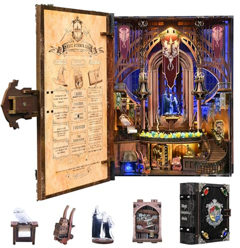 MiniCity Book Nook byggsats, 3D miniatyr dockhus bokhörn byggsats med LED-ljus (Magic Admissions Guide)