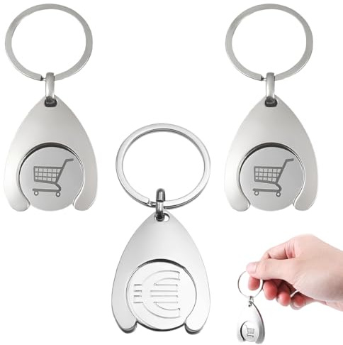 AEUXZA 3 Pièces Jetons de Caddie en Métal, Porte-clé Jeton Caddie Retirable Immédiatement, Jetons de Caddie pour Chariots Frontaux, 2 Designs Caddie & 1 Symbole Euro, Argenté