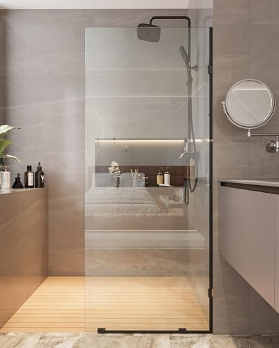 DeerValley 32×78 Fixed Glass Shower Panel, 3/8'' (10mm) Thick Shower Glass Panel, Frameless Tempered Glass Door, Bathroom Shower Screen with Hardware (Matte Black)