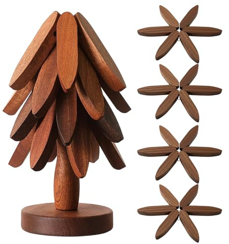 Untersetzer Holz, Topfuntersetzer Set in Walnuss, 4 Stück mit Ständer, Baum Design, für Tisch und Küche, Schutz vor Hitze und Kratzern
