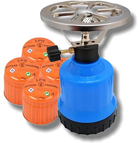 Megaprom Mobiler MP017 Campingkocher mit Gaskartuschen, Camping Kochplatte, Kocher, Gaskocher mit Kochaufsatz inkl. 4X 190g Stechgaskartuschen