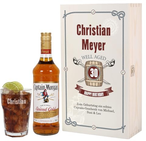 Herz & Heim® Captain Morgan Geschenkset zum Geburtstag mit Gravur des Glases und bedruckte Präsentbox