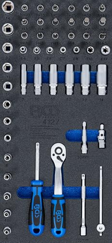 BGS 4127 | Steckschlüssel-Satz 6,3 mm (1/4) | 50-tlg. | Umschaltknarre | Werkstattwageneinlage 1/3 | Bit- und Steckschlüssel-Einsätze | Verlängerungen, Kardangelenk | Chrom-Vanadium-Stahl