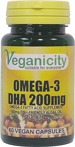 Veganicity Omega-3 DHA 200mg - Algal Oil Vegan Omega-3 Fatty Acid : Heart and Brain Health Supplement : 60 Vegan Capsules, in a Planet-Friendly 99% Recycled Pot