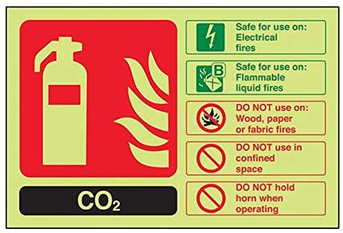 VSafety englisches Warnschild für Feuerlöscher, CO2-Kennzeichnung, leuchtet im Dunkeln, 200 x 150 mm, selbstklebendes Vinyl