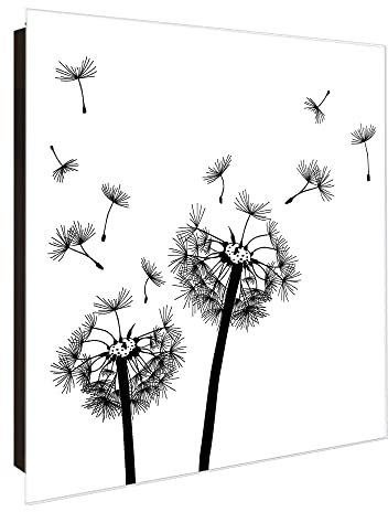 banjado Großer Schlüsselkasten Glas - Schlüsselbox 30x30cm mit 50 Haken - Schlüsselkasten modern für Schlüsselaufbewahrung mit beschreibbarer, magnetischer Glastür - Motiv Pusteblume 2