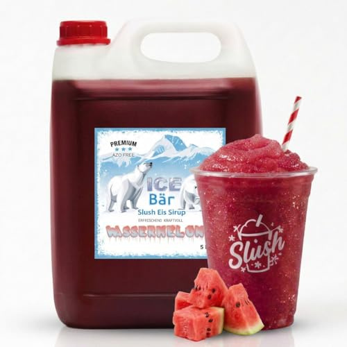 ICE Bär Slush Sirup – 5 L Konzentrat mit Wassermelonen Geschmack/glycerinfrei/für ca. 30 L fertiges Slush-Ice – Original Slushy Getränkesirup ohne AZO-Farbstoffe