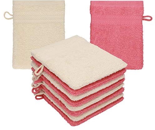 Betz 10 Stück Waschhandschuhe Premium 100% Baumwolle Waschlappen Set 16x21 cm Farbe Sand - Himbeere