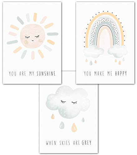 Lemmami Papeterie 3er Set Wandbilder Kinderzimmer Babyzimmer Poster Bilder DIN A4 Mädchen Junge Boho Deko Dekoration Regenbogen Sonne Wolke (3er Bilder Set Rosa Blau, Pastell, Wanddeko)
