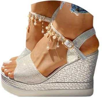 Minetom Sandale Femme Talon Compensé Chunky Chaussure Sandale Plateforme Cheville Perle Strass Talon Plateforme Sandales A Argent 39 EU