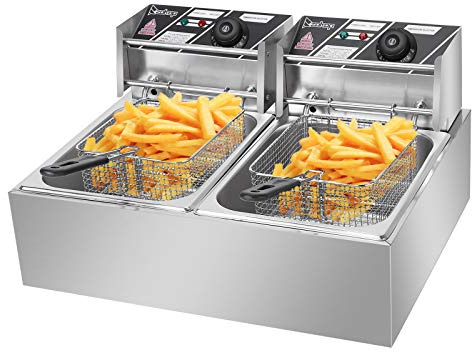 ZOKOP Commercial & Home Use Electric Turkey Deep Fryer Kit with Basket,5000W MAX 12.7QT Stainless Steel Double Tank French Fry Deep Fat Fryer For Restaurant, Kitchen (Double-Tank)