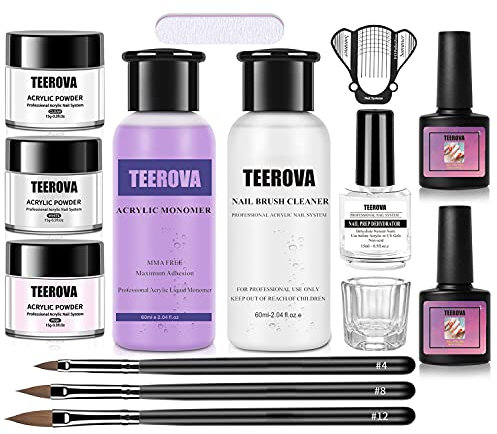 TEEROVA Kit de uñas acrílicas en polvo y líquido, juego de líquido monómero profesional con limpiador de cepillo de uñas, deshidratador, base y capa superior para uñas acrílicas, kit de inicio