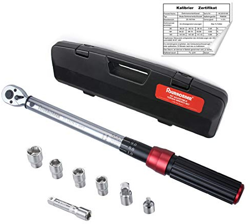 FOURROBBER Drehmomentschlüssel 3/8 Fahrrad & Auto 20-140NM 90-Zahn-Drehmomentschlüssel kalibriert 3/8,mit 1/4 1/2 Adapter und Verlängerungsstange,± 3% Fehlergenauigkeit