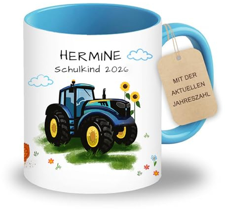 LOOXIS Personalisierte Tasse für Kinder mit Namen, Text & Motiv bedruckt – 325ml, Keramik, versch. Farben – Geschenkidee Jungen, Mädchen, Einschulung, Kindergarten – Blau, Traktor