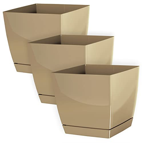 Lot de 3 Pots à Fleurs carrés Coubi Square en Plastique 13,5x13,5x12,4 cm pour intérieur extérieur Café Lait Volume 1,5 litres Design Moderne